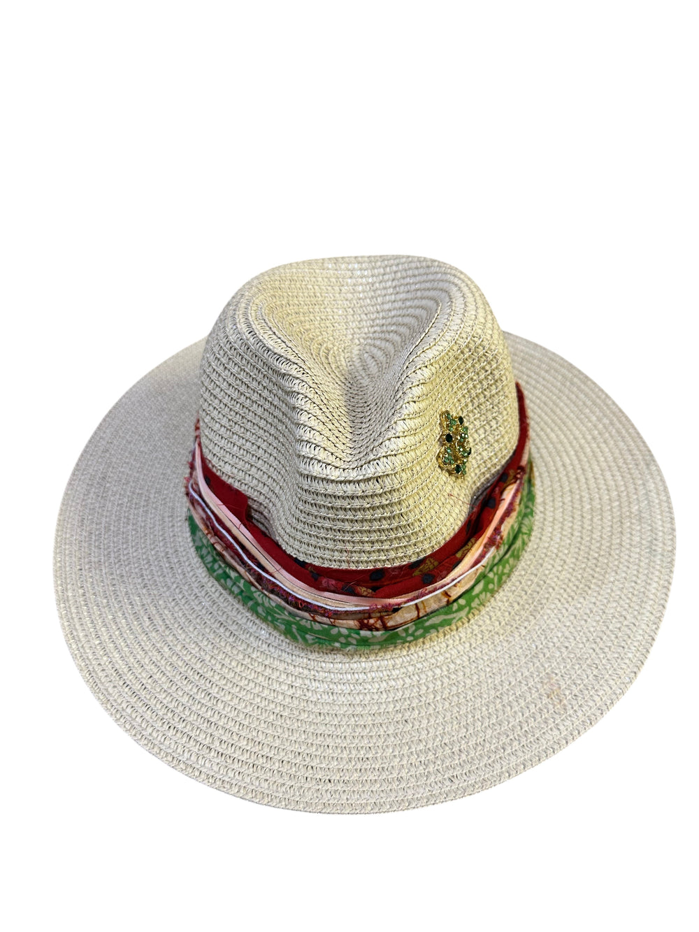 Natalie Adams Hegwood Studio straw fedora with a colorful layered fabric band and a jewel-toned embellishment.