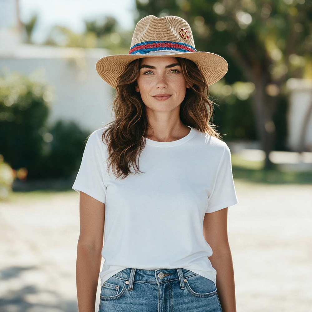 Natalie Adams Hegwood Studio straw fedora with blue paisley, denim, red braid, and jeweled brooch on a woman