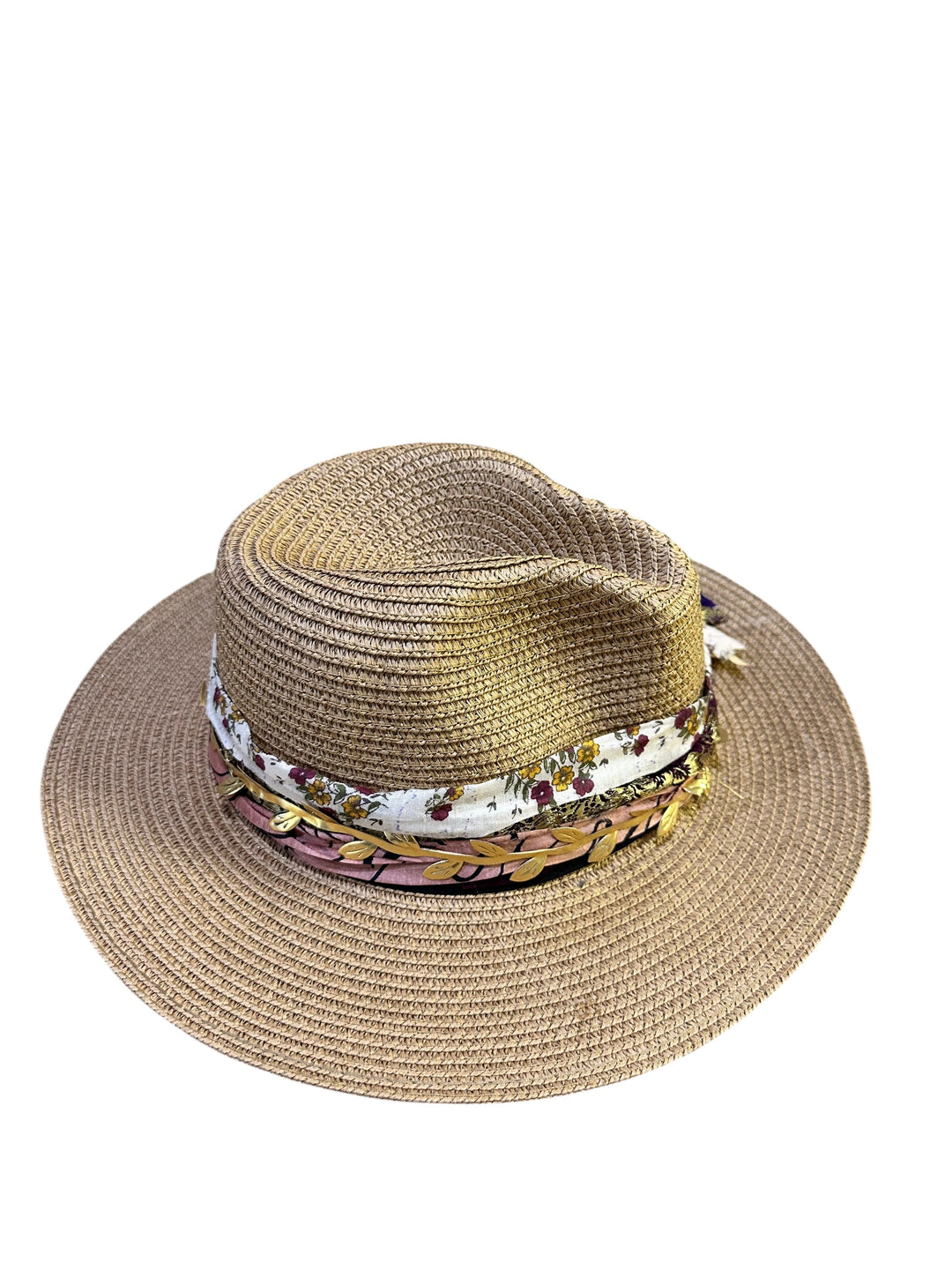 Natalie Adams Hegwood Studio wide brim straw fedora with a decorative floral fabric, ribbon, and metallic leaf band.