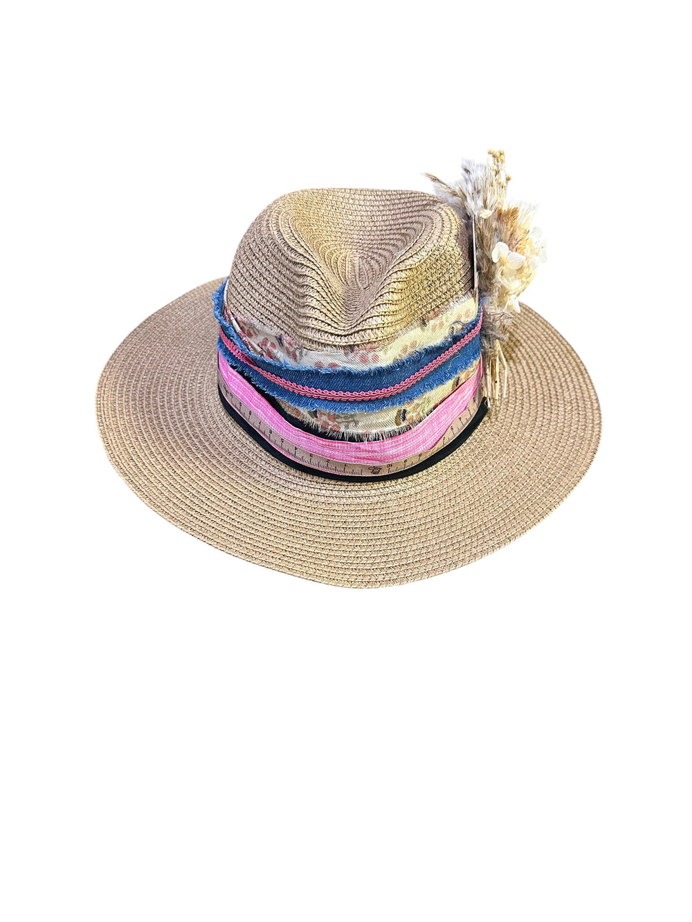Natalie Adams Hegwood Studio straw fedora hat with a multi-layered fabric band and dried floral accents.