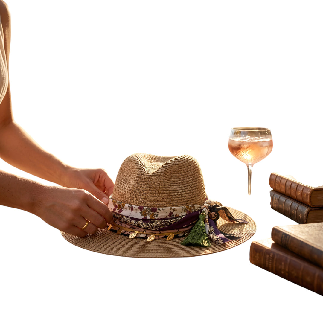Natalie Adams Hegwood Studio wide brim straw fedora with floral fabric, ribbons, metallic leaves, and green tassel.