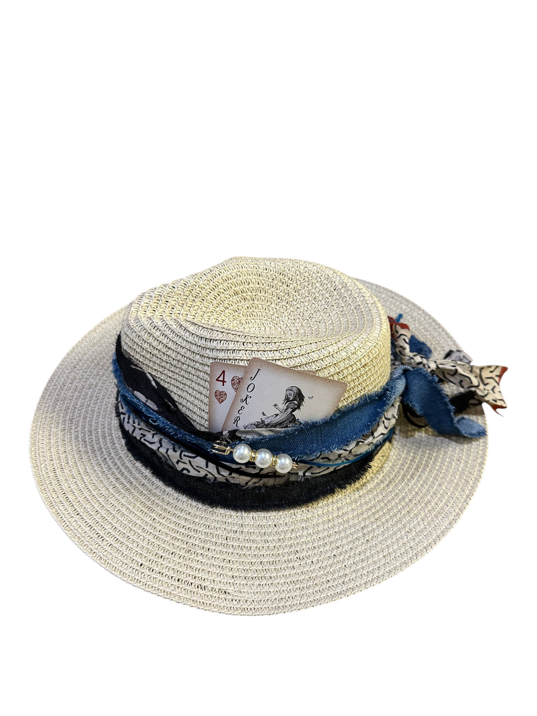 Natalie Adams Hegwood Studio woven straw fedora with layered denim, patterned fabric trim, pearl accents, and joker card.