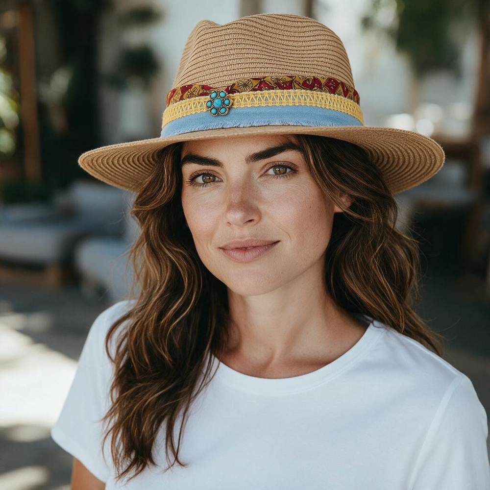 Natalie Adams Hegwood Studio straw fedora with red print, yellow lace, denim trim, and a turquoise flower charm.