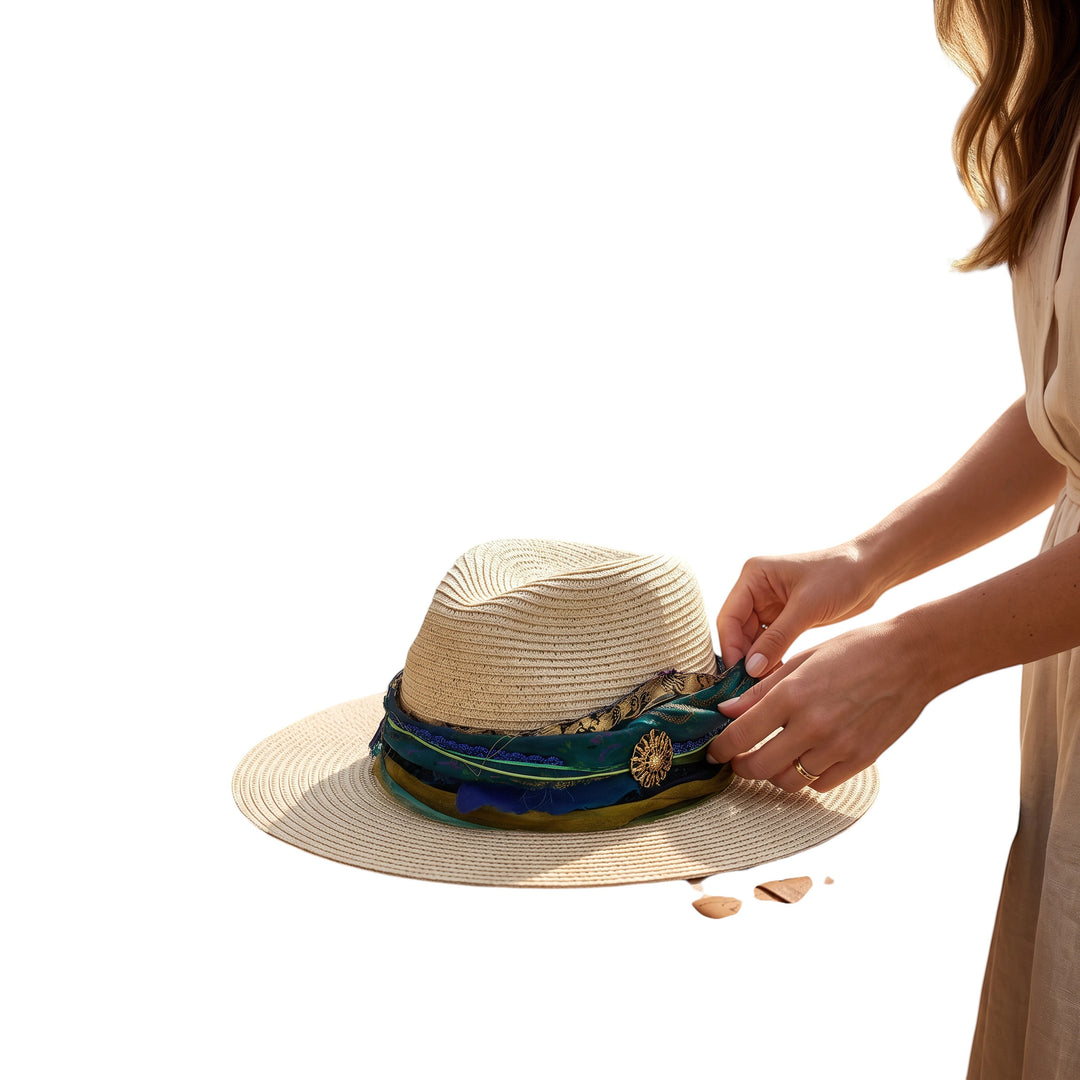 Natalie Adams Hegwood Studio wide brim straw fedora with a layered teal and blue fabric band and gold accent