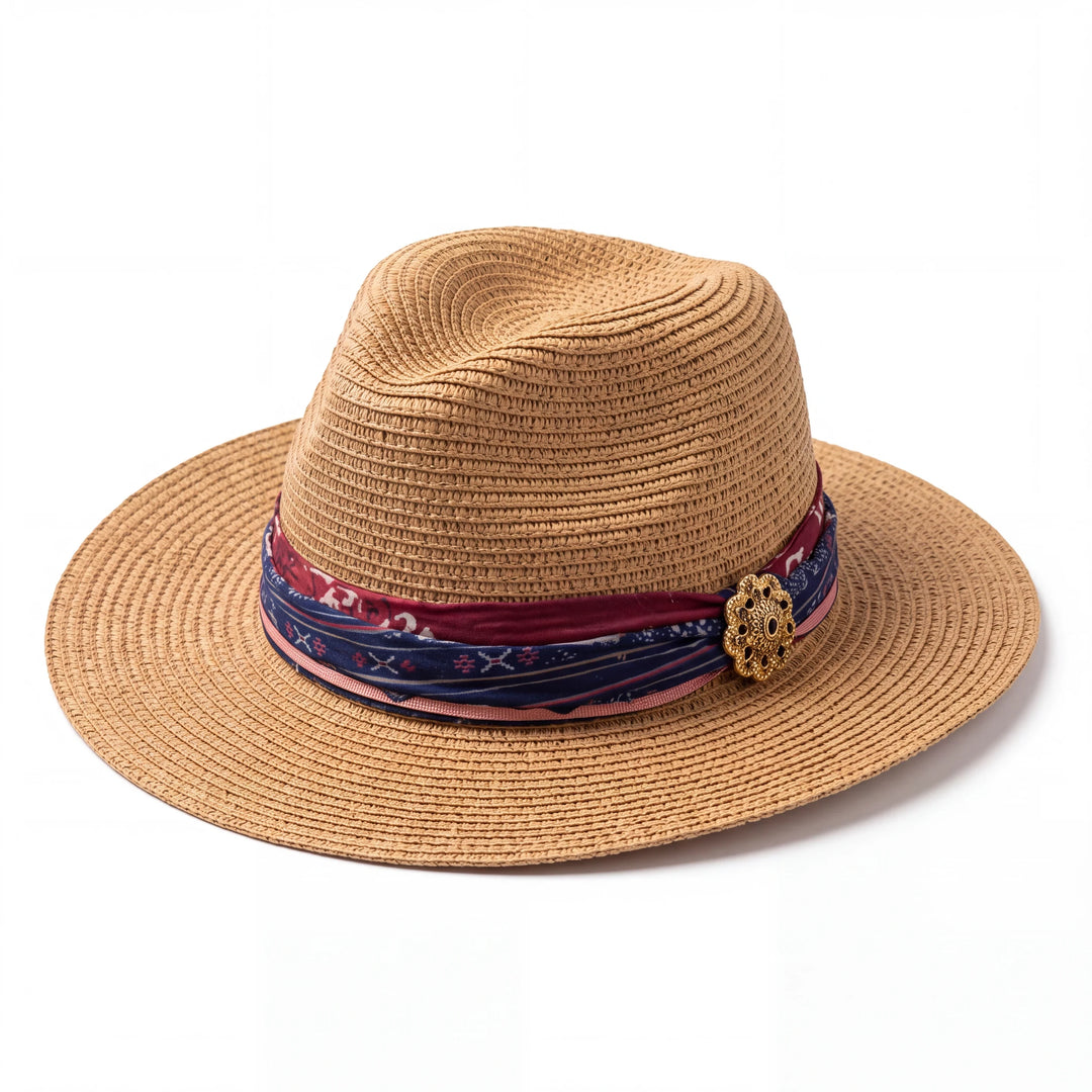 Natalie Adams Hegwood Studio straw fedora with cranberry and navy fabric band and gold filigree flower brooch