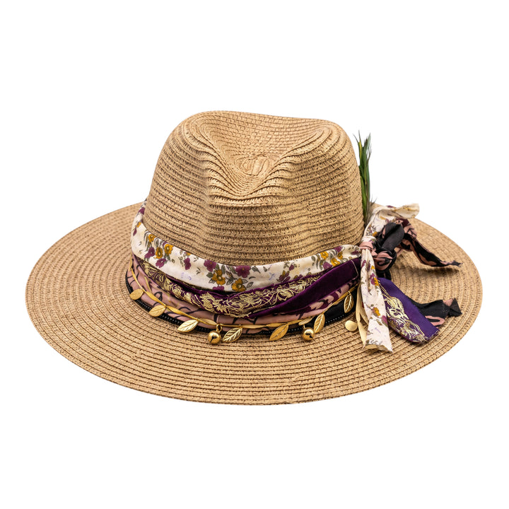 Natalie Adams Hegwood Studio wide brim straw fedora with floral fabric, ribbons, metallic leaves, and feather detail.