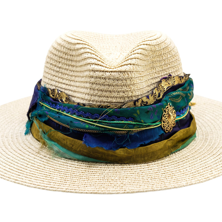 Natalie Adams Hegwood Studio wide brim straw fedora with layered blue and green fabric ribbon and gold embellishment