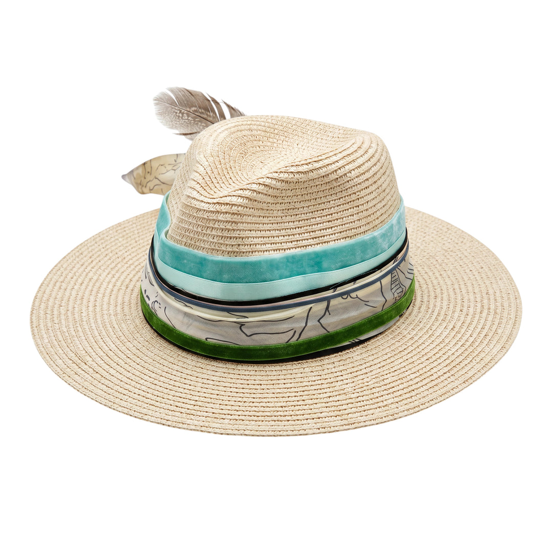 Natalie Adams Hegwood Studio wide brim straw fedora with green and cream ribbon, scarf tie, and feather accent.