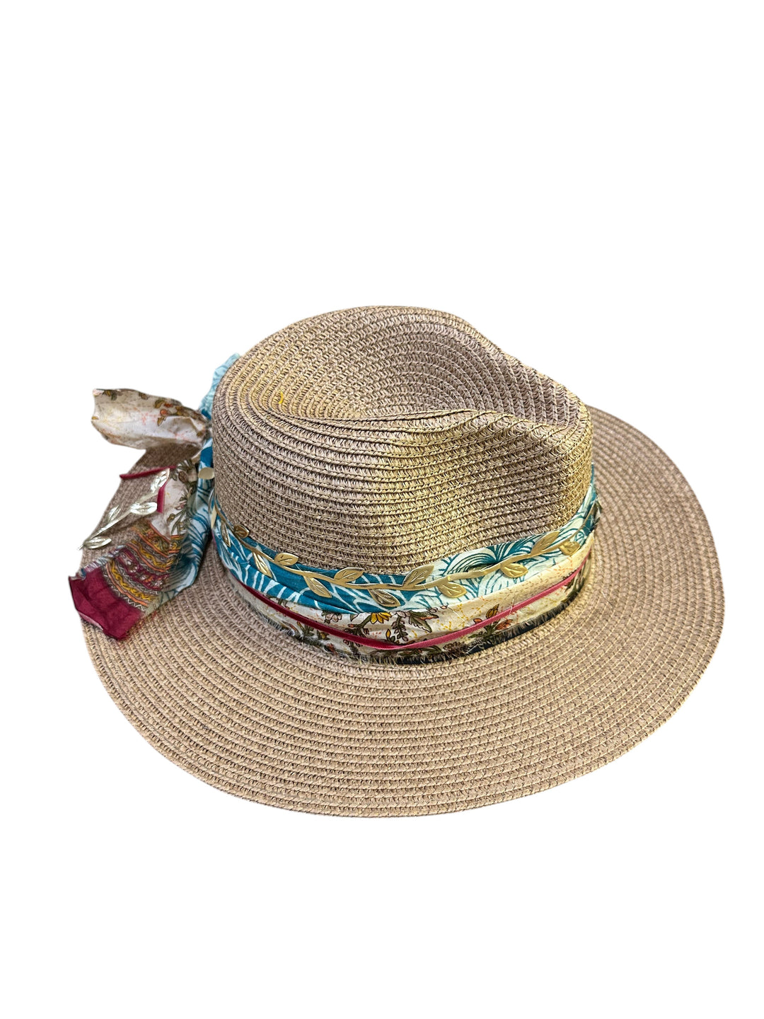 Natalie Adams Hegwood Studio woven straw fedora with a multi-colored patterned fabric band and side tie detail.