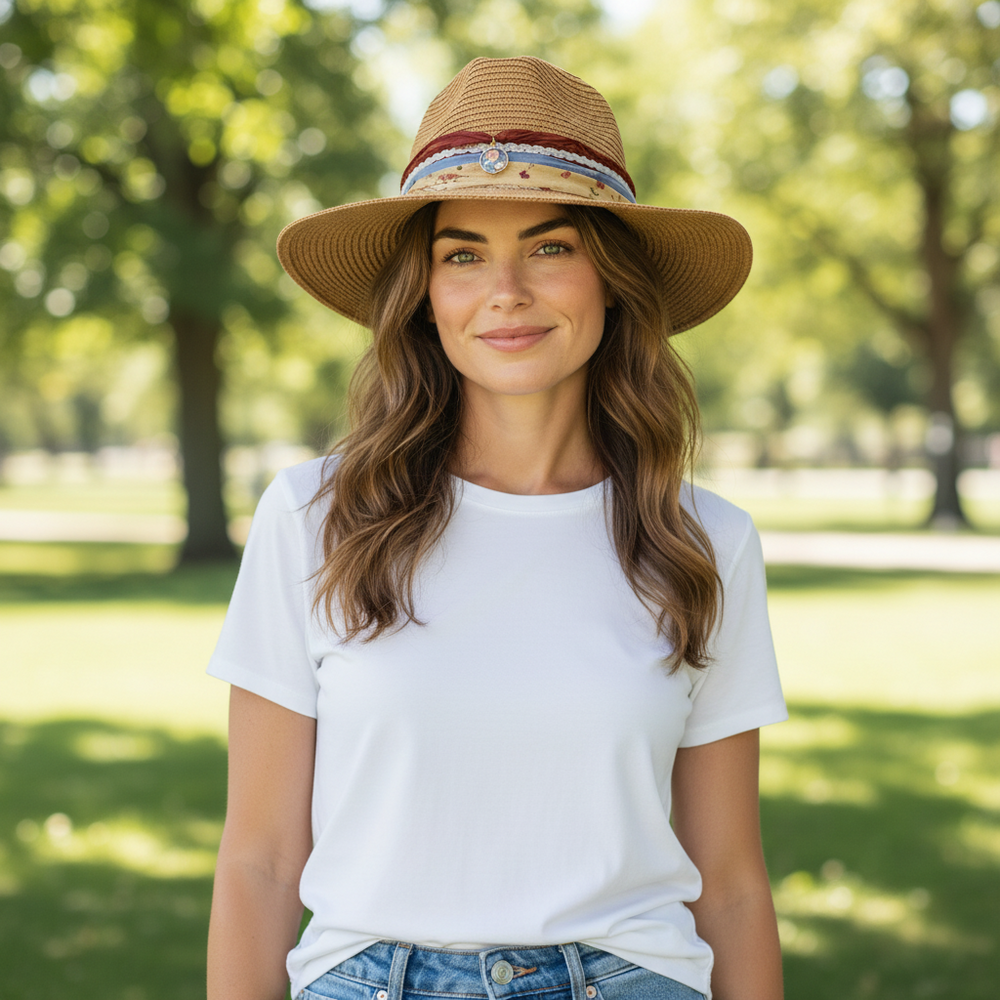 Woman wearing a Natalie Adams Hegwood Studio tan straw fedora with a floral, lace, and cameo charm band in a park.