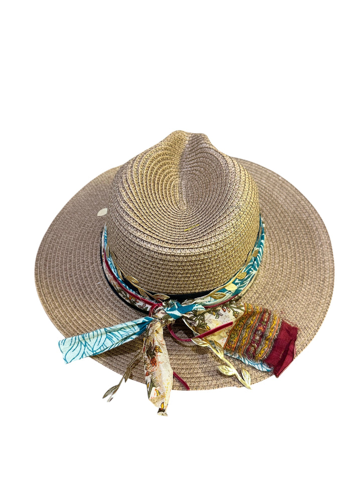 Natalie Adams Hegwood Studio woven straw fedora with a vibrant multi-colored fabric band and side-tie ribbon detail.