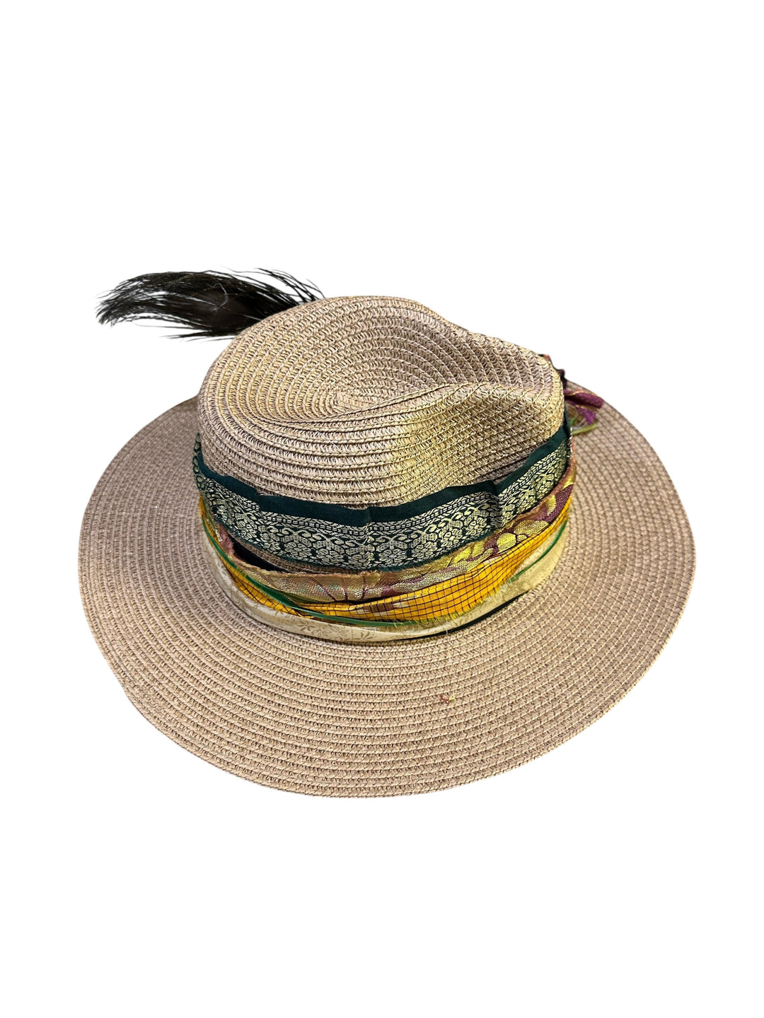 Natalie Adams Hegwood Studio wide brim straw fedora with a multi-layered ribbon band and natural feather accent.