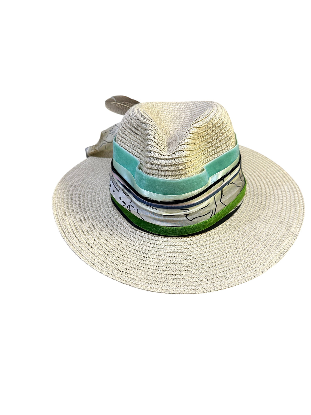 Natalie Adams Hegwood Studio wide brim straw fedora with green and cream ribbon band, scarf tie, and feather accent.