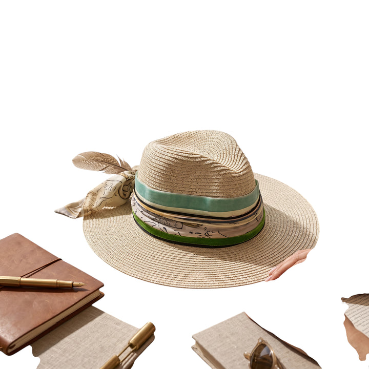 Natalie Adams Hegwood Studio wide brim straw fedora with green ribbon, patterned scarf, and feather accent on a desk.