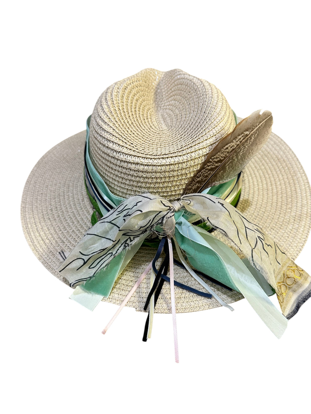 Natalie Adams Hegwood Studio wide brim straw fedora with green and cream ribbon, scarf tie, and feather accent.