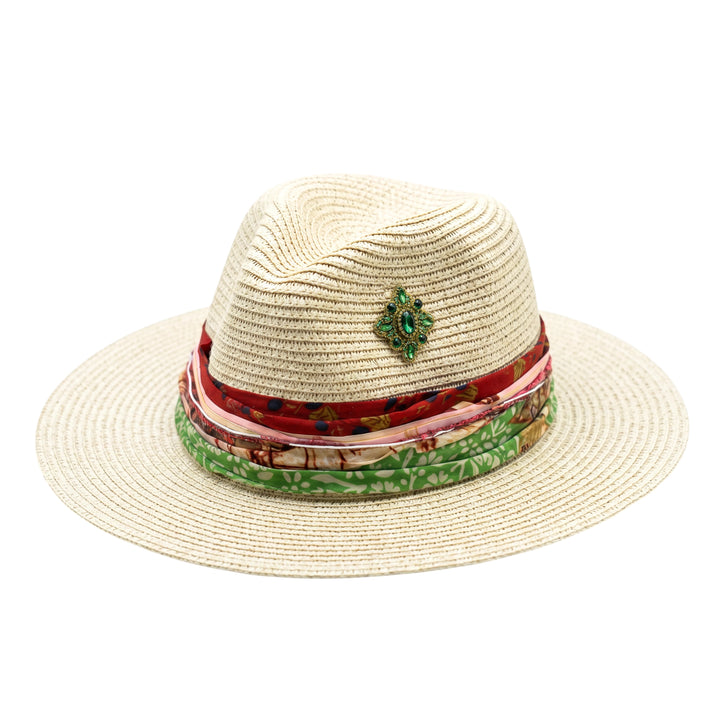 Natalie Adams Hegwood Studio straw fedora with a colorful fabric scarf band and a green jewel embellishment.