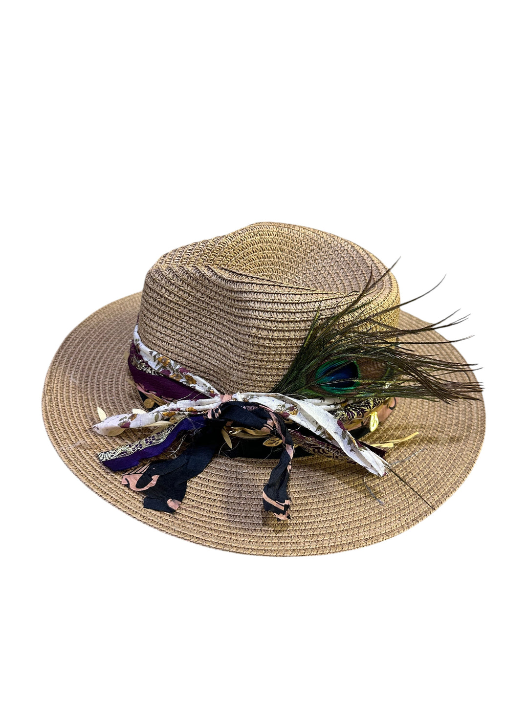 Natalie Adams Hegwood Studio wide brim straw fedora with a decorative floral fabric band, ribbons, and peacock feather.