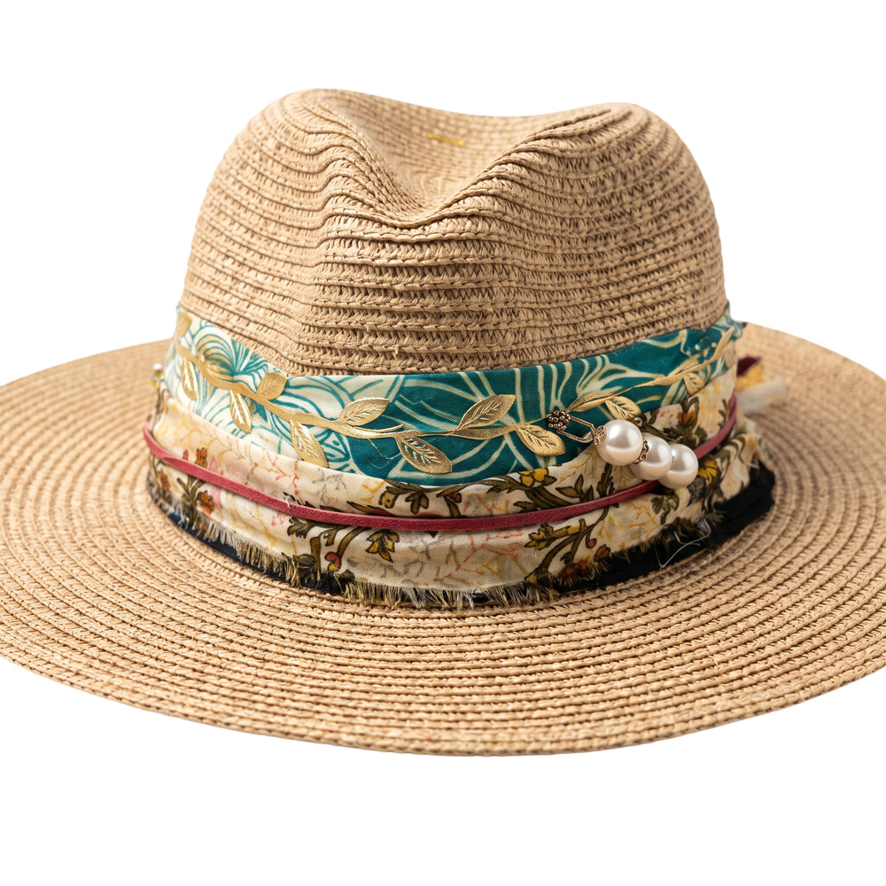 Natalie Adams Hegwood Studio woven straw fedora with a multi-colored fabric band, gold leaf patterns, and pearl beads.