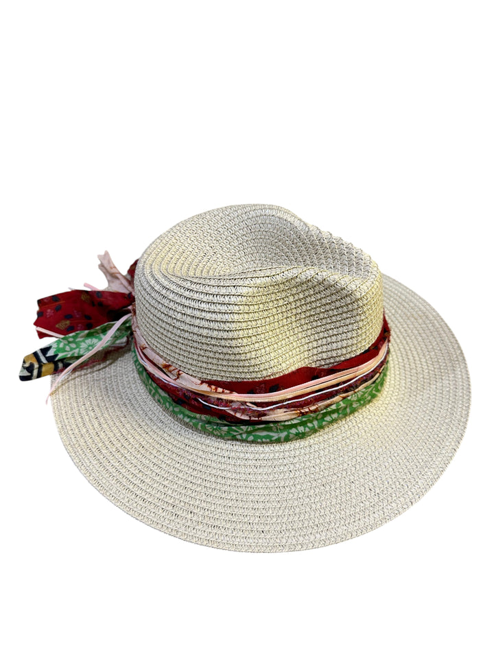 Natalie Adams Hegwood Studio straw fedora with a vibrant multi-layered fabric scarf band and trailing ends.
