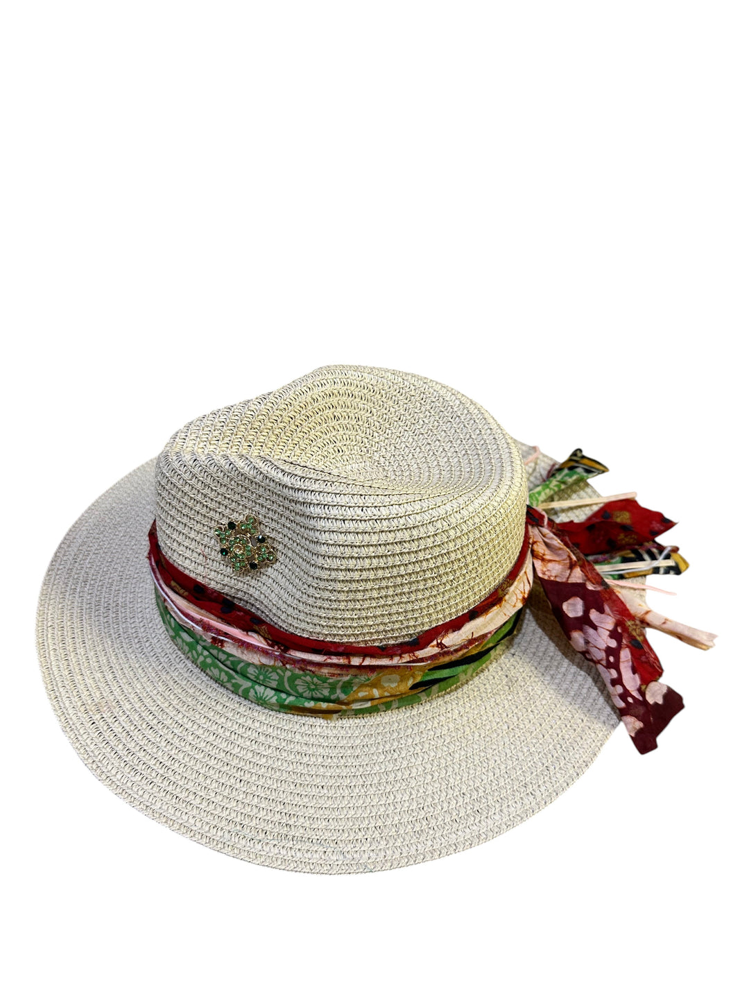 Natalie Adams Hegwood Studio straw fedora with a colorful fabric scarf wrap and jewel embellishment on a wide brim.