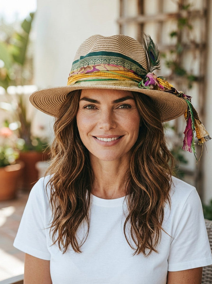 Woman wearing a Natalie Adams Hegwood Studio straw fedora with a colorful patterned silk scarf and peacock feather