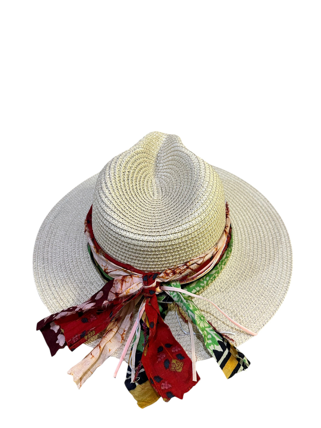 Natalie Adams Hegwood Studio straw fedora with a vibrant multi-colored fabric scarf band and jewel embellishment.