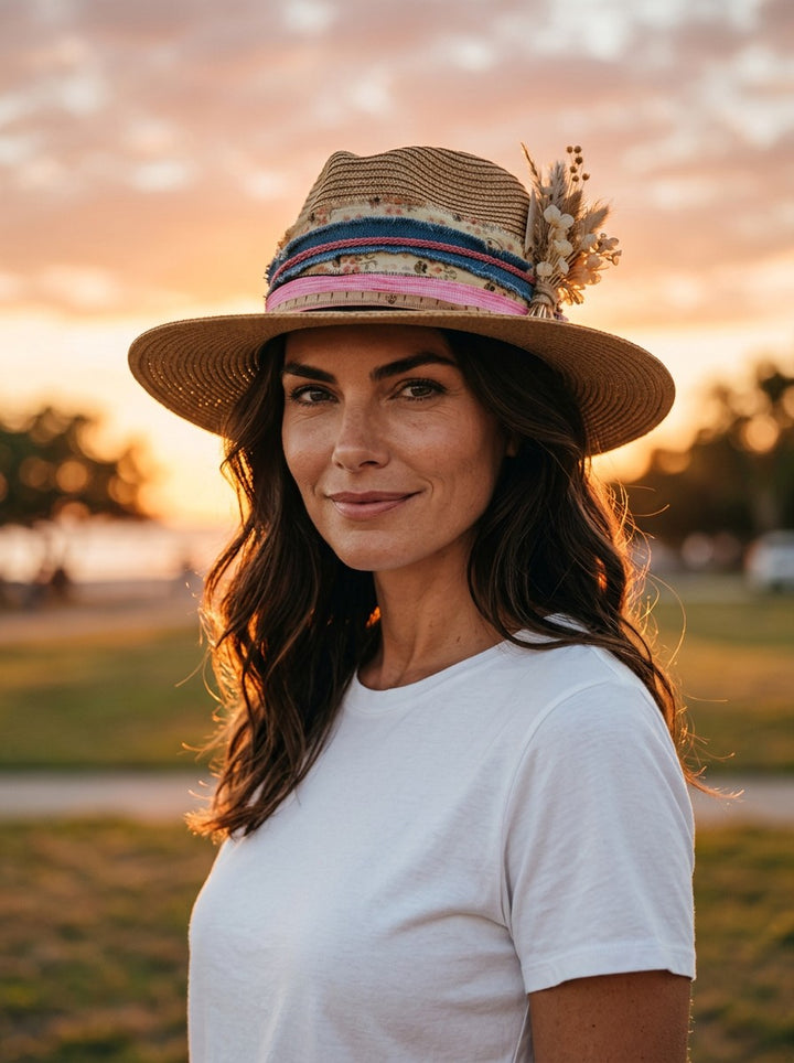 Natalie Adams Hegwood Studio straw fedora with floral ribbon and dried flowers worn by a woman at sunset.