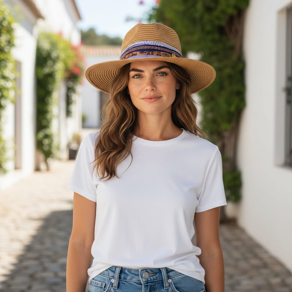 Natalie Adams Hegwood Studio hand-embellished tan straw fedora with a lavender, navy, and gold charm band on a woman.