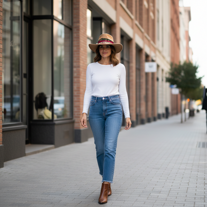 Natalie Adams Hegwood Studio suede cowgirl hat with a decorative statement band worn by a woman on a city street.
