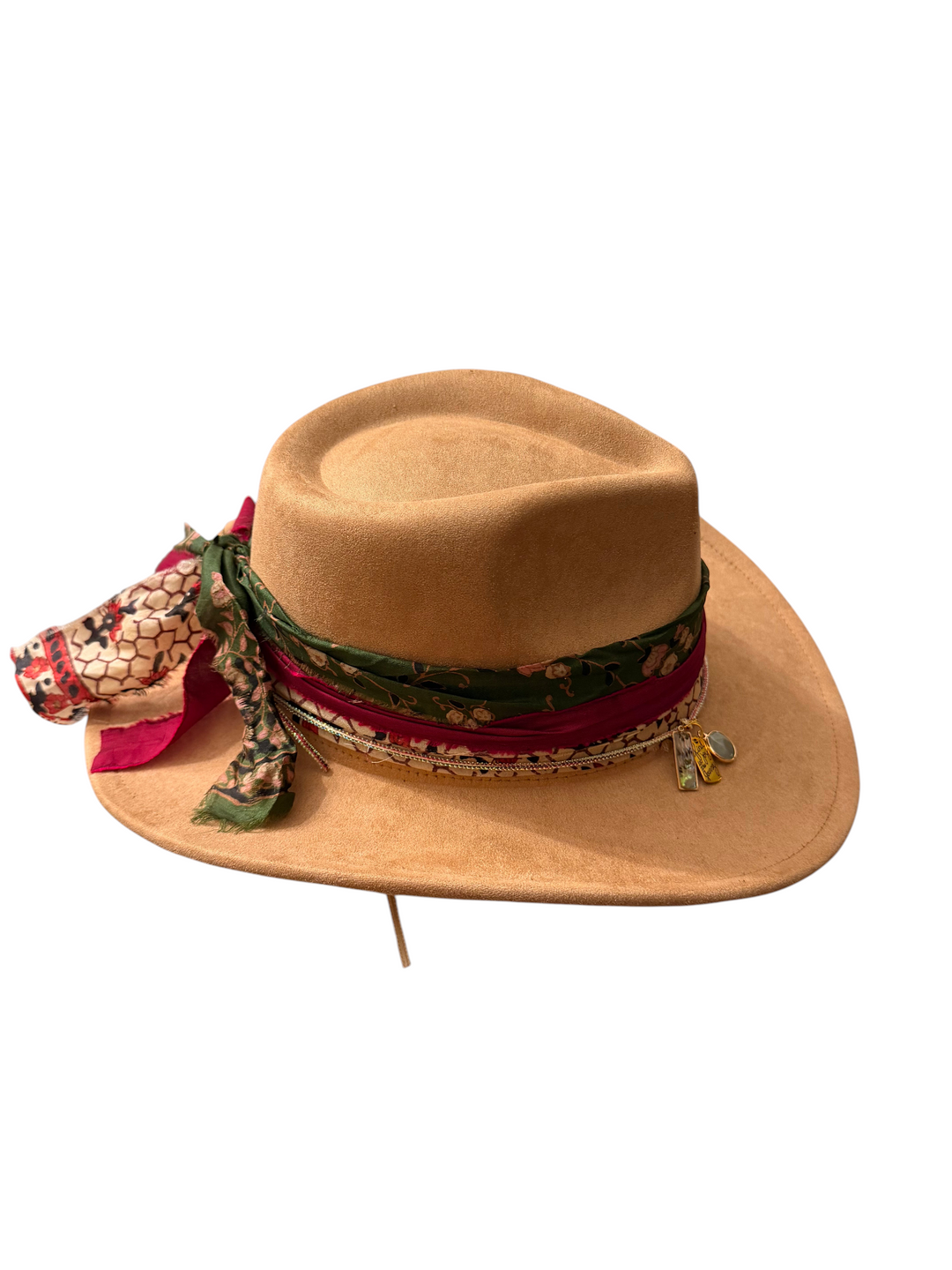 Natalie Adams Hegwood Studio tan suede cowgirl hat featuring a decorative layered fabric band with hanging charms.