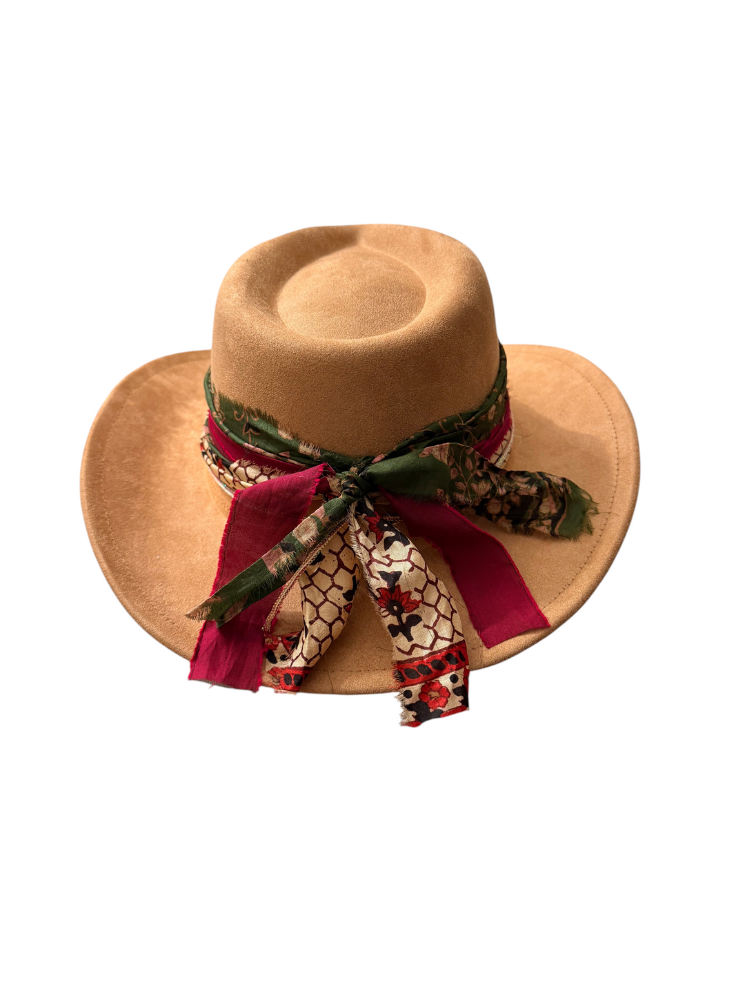 Natalie Adams Hegwood Studio tan suede cowgirl hat with a decorative hand-applied floral and ribbon statement band