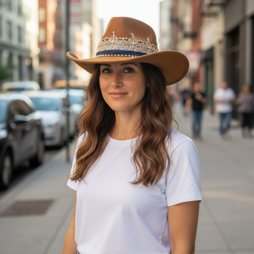Natalie Adams Hegwood Studio tan suede cowgirl hat with gold lace crown, navy ribbon, and pearls worn by a woman