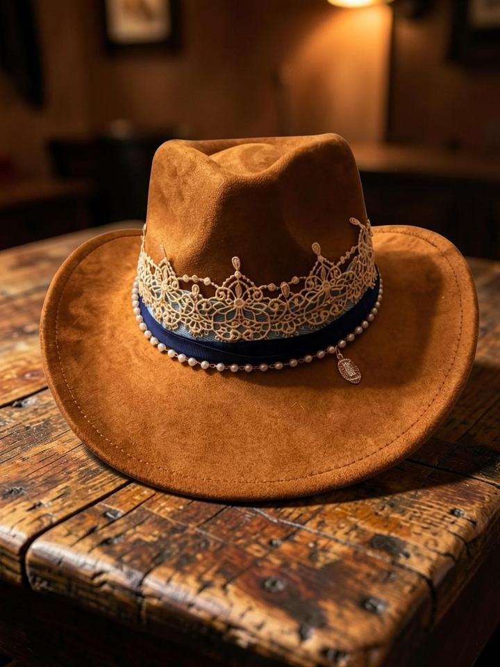 Natalie Adams Hegwood Studio tan suede cowgirl hat with gold lace crown, navy ribbon, and pearl trim on wooden table.