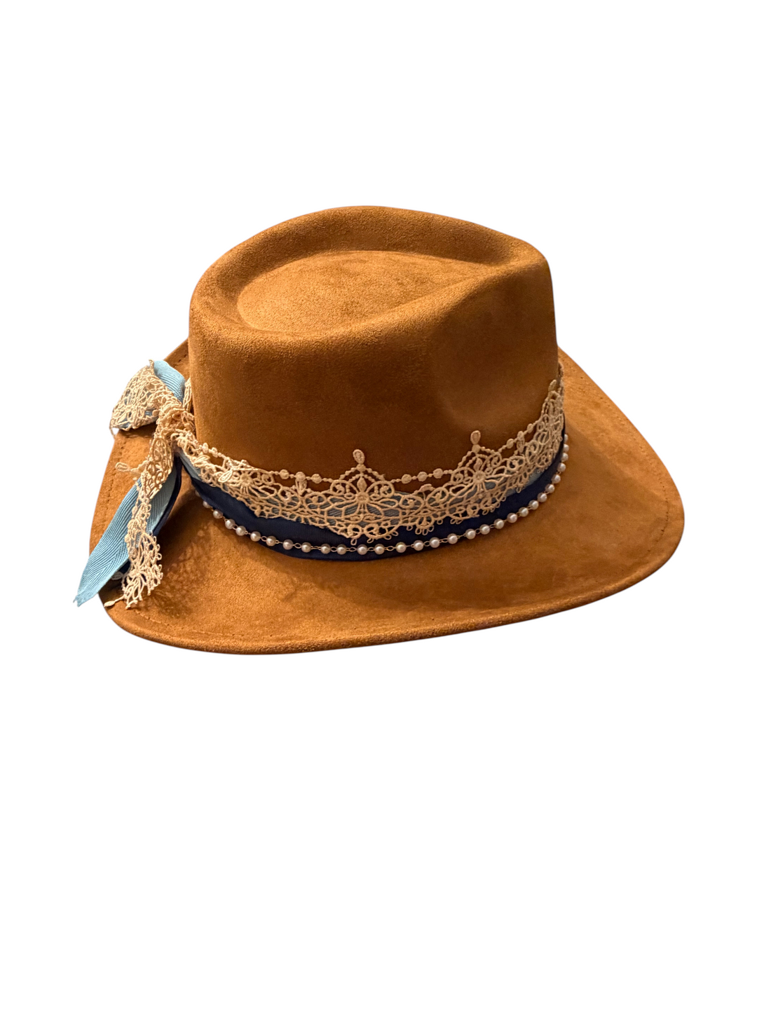 Natalie Adams Hegwood Studio tan suede cowgirl hat with gold lace crown, navy ribbon, and ivory pearl trim.