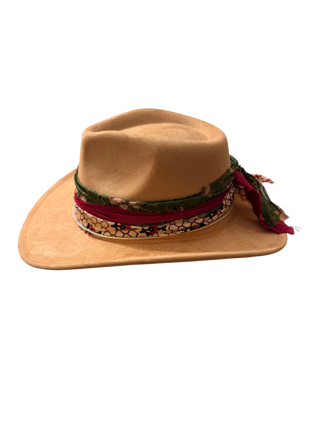 Natalie Adams Hegwood Studio tan suede cowgirl hat featuring a unique, hand-applied multi-layered floral fabric band.