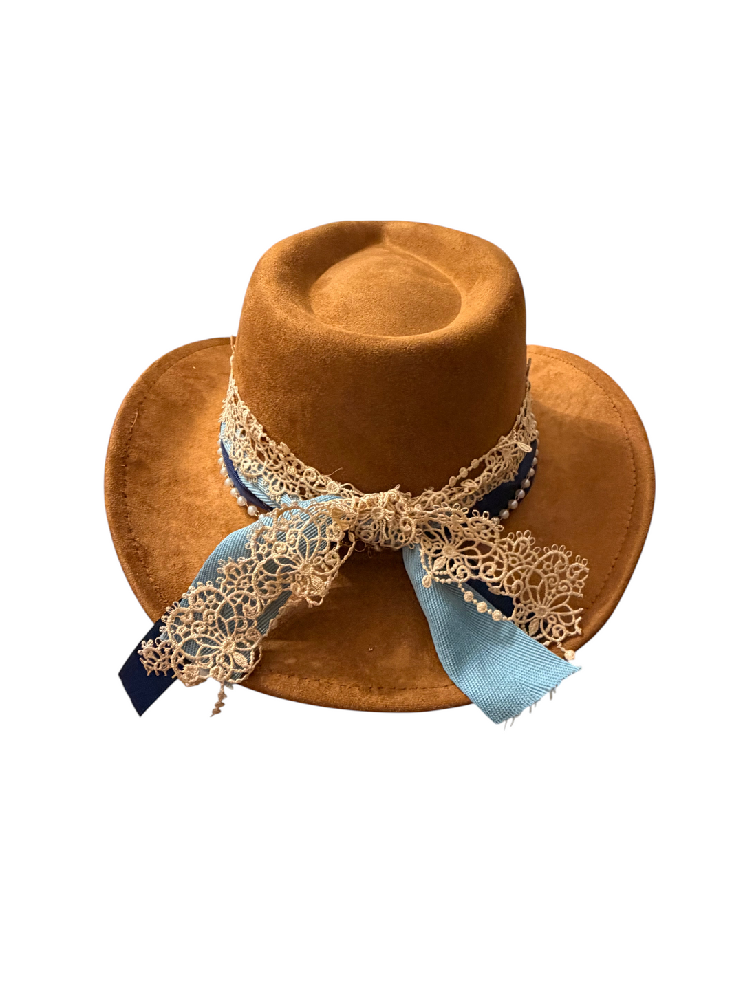 Natalie Adams Hegwood Studio tan suede cowgirl hat featuring a navy ribbon, ivory pearls, and gold lace crown detail.