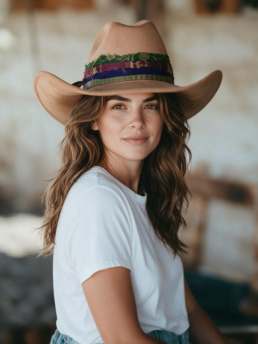 Natalie Adams Hegwood Studio handmade tan suede western hat with a colorful jewel tone woven band on a woman