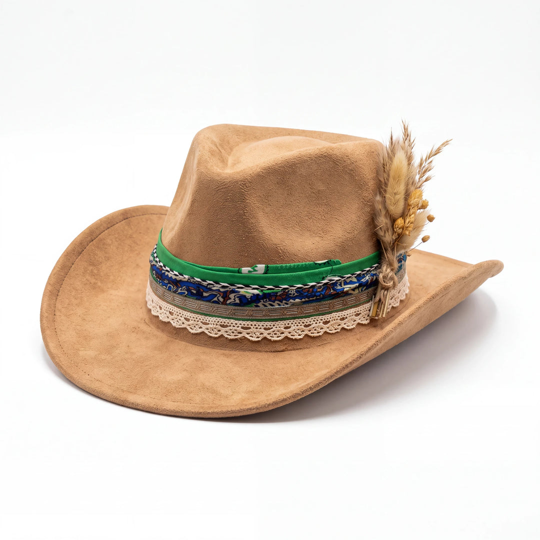 Natalie Adams Hegwood Studio handmade tan suede western hat with a wide brim, green bandana, lace, and pampas grass.