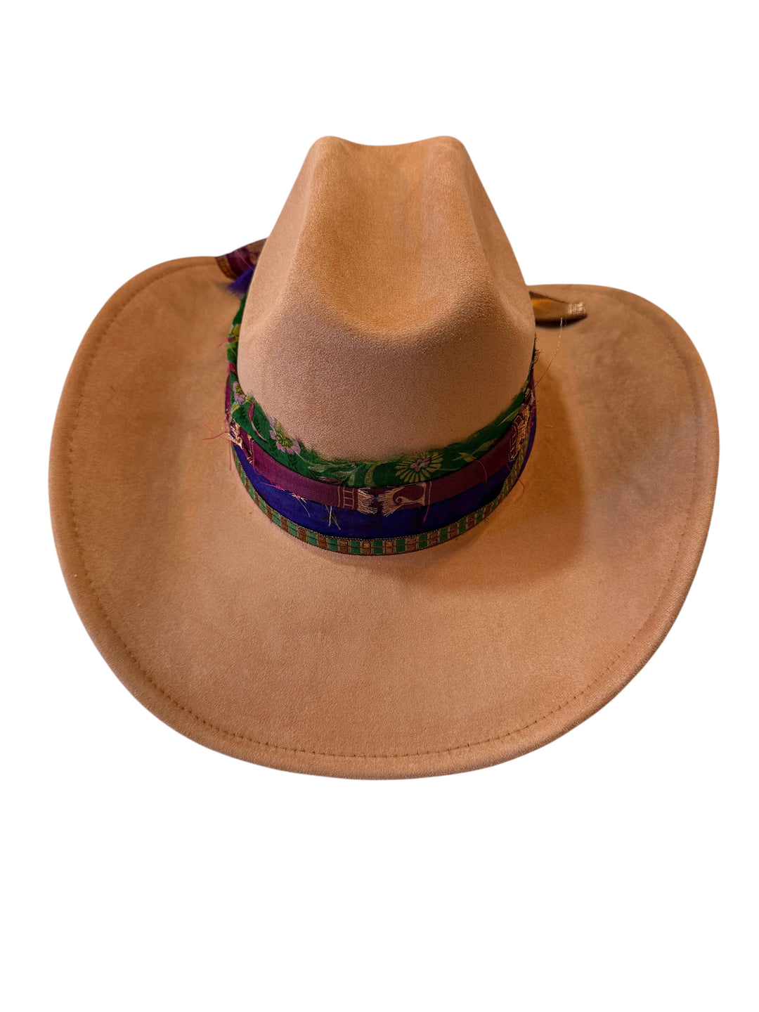 Natalie Adams Hegwood Studio handmade tan suede western hat with a wide brim and colorful jewel-tone woven hat band.