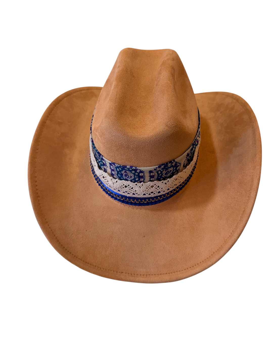 Natalie Adams Hegwood Studio tan suede western hat with a wide brim and a cobalt blue and white lace hat band.
