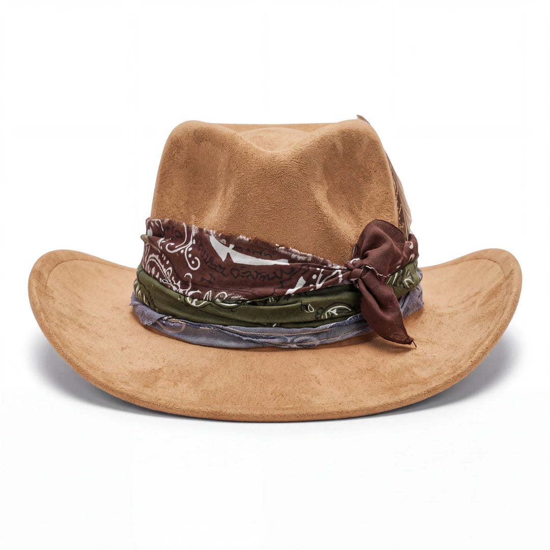 Natalie Adams Hegwood Studio handmade tan suede western hat with layered paisley bandana band and frayed edges