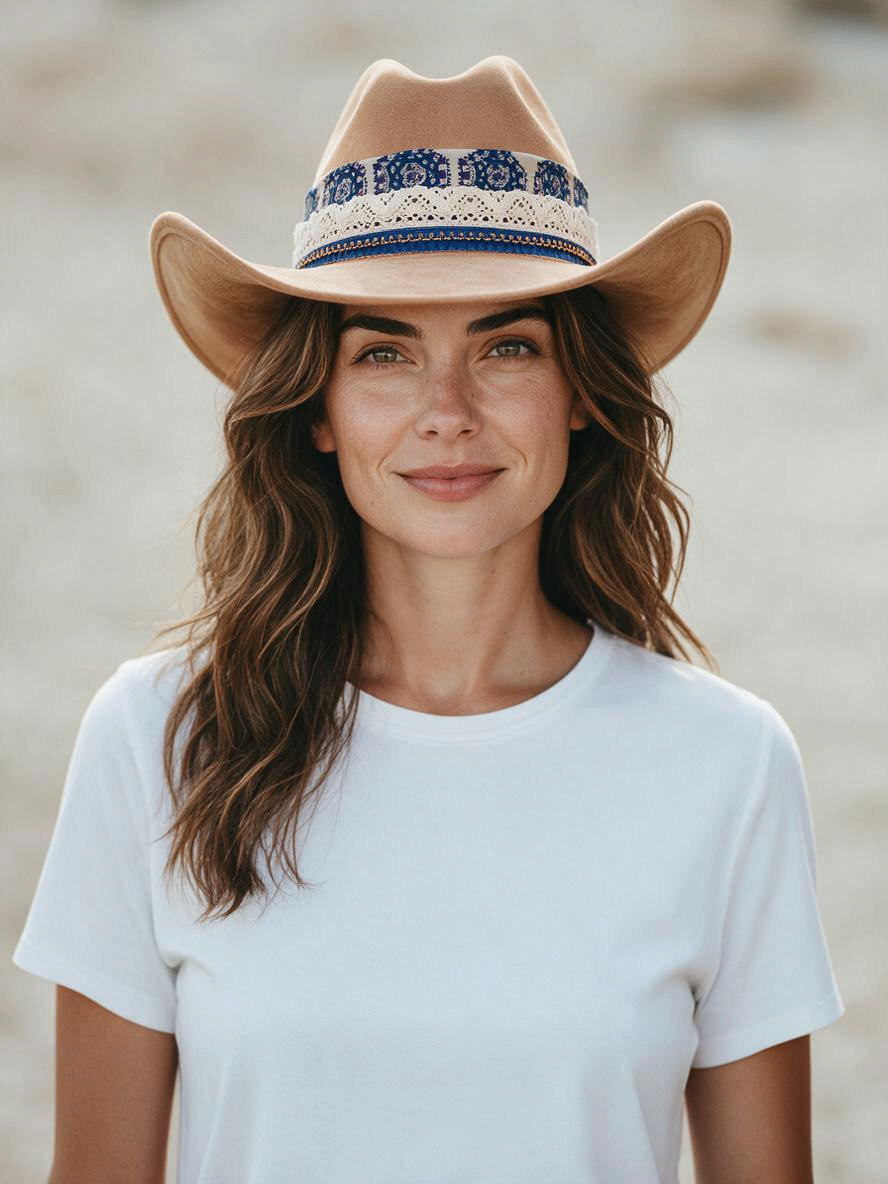 Natalie Adams Hegwood Studio tan suede western hat with blue and white lace band worn by a woman in a white t-shirt