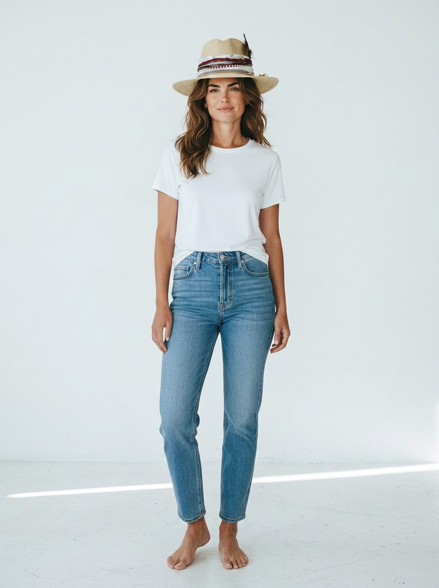 Natalie Adams Hegwood Studio model wearing a white crew neck t-shirt, blue denim jeans, and a decorative straw hat.