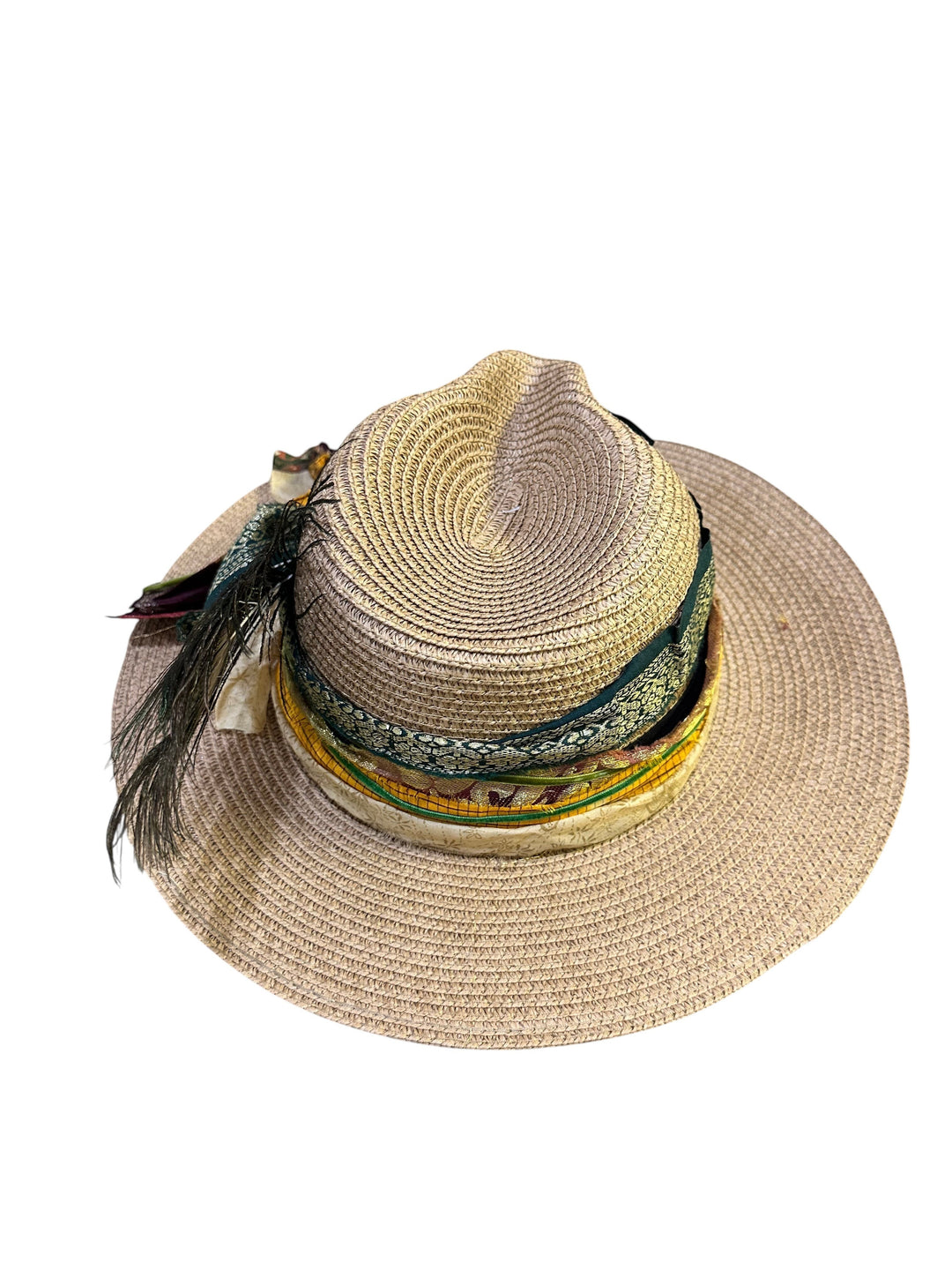 Natalie Adams Hegwood Studio wide brim straw fedora with layered patterned ribbon trim and natural feather accent