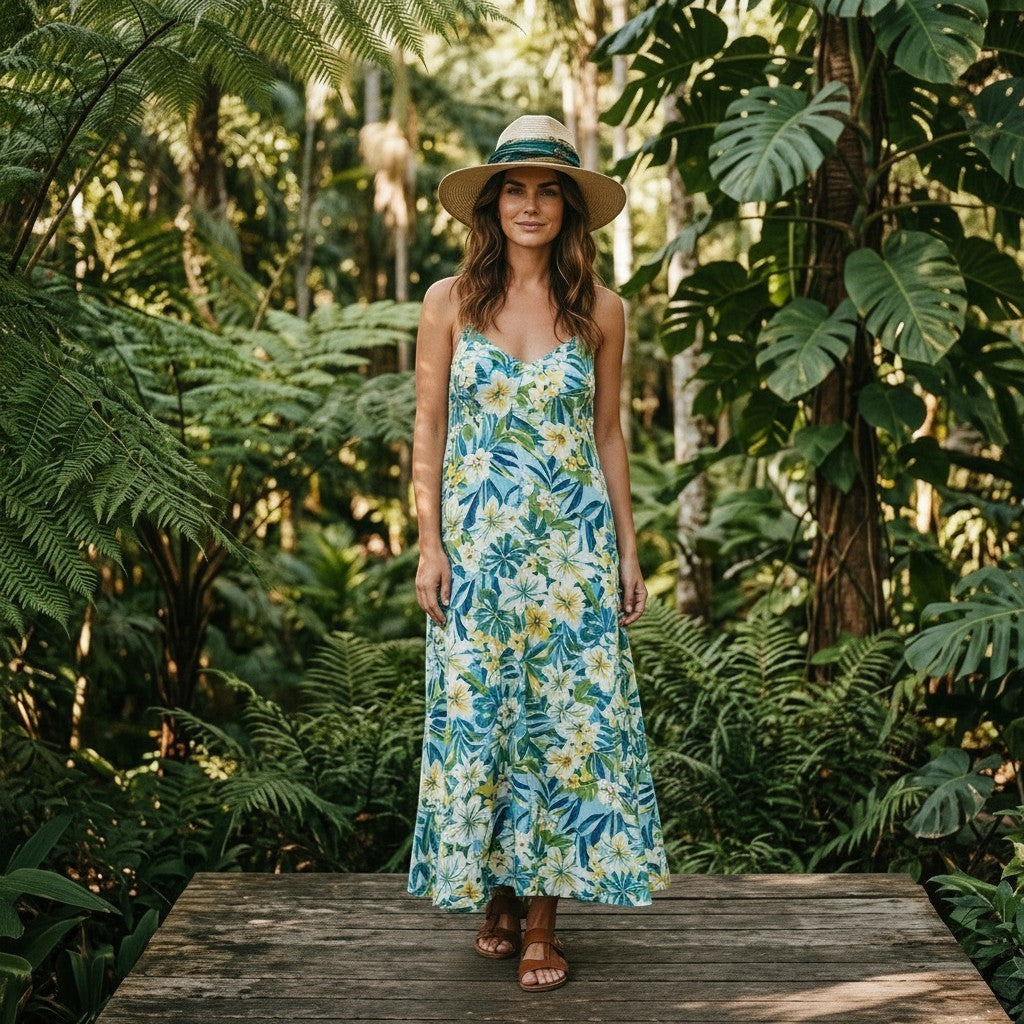 Natalie Adams Hegwood Studio wide brim straw fedora with a colorful fabric band worn by a woman in a tropical garden.