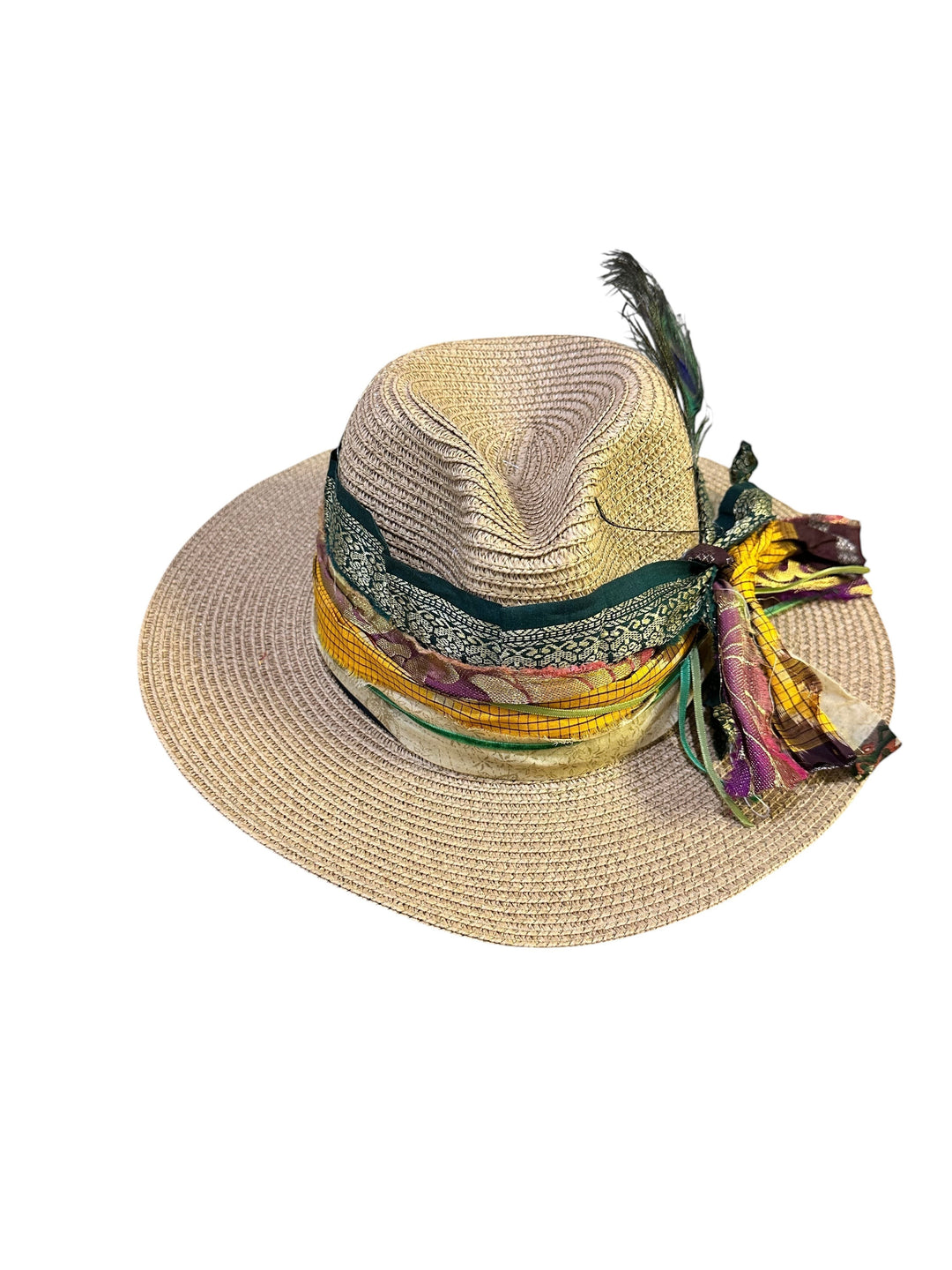 Natalie Adams Hegwood Studio wide brim straw fedora with a multi-layered ribbon trim and natural feather accent.